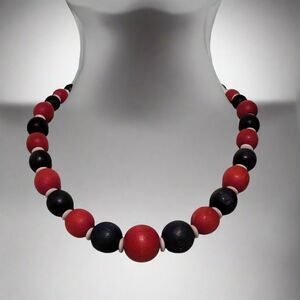Vintage Red White & Blue Wooden Bead Necklace Retro Chunky Statement Jewelry